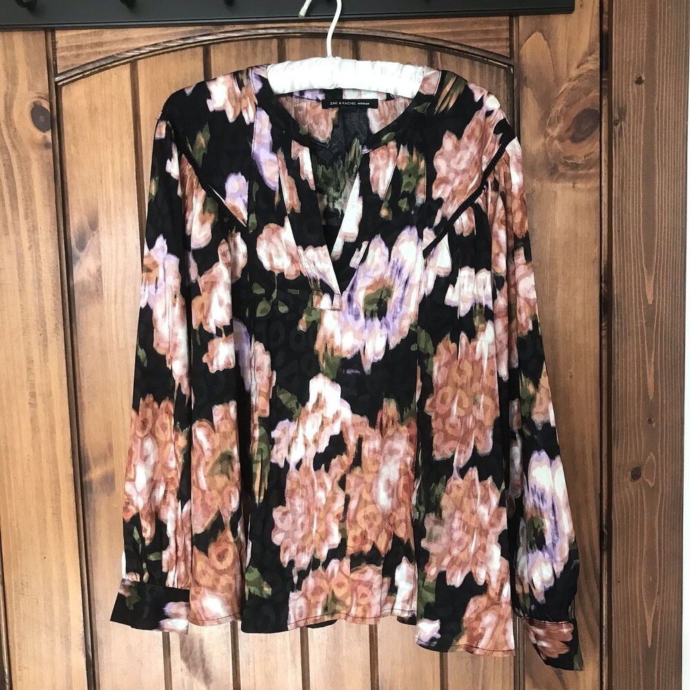 Zac & Rachel Top Woman Plus 1X SplitNeck Watercolor Artsy Beachy Rust Black Boho